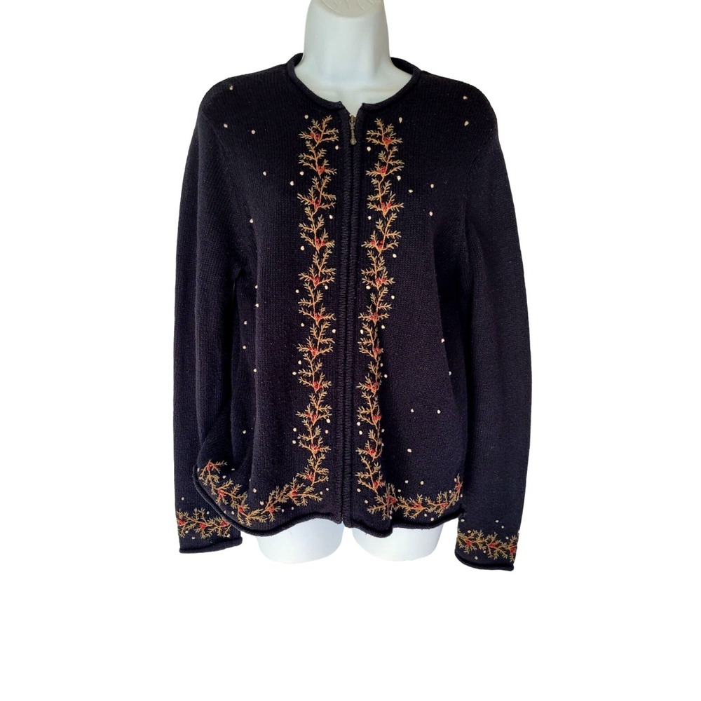 Croft & Barrow Cardigan Womens S Silk Ramie Black Embroidered Full Zip Sweater